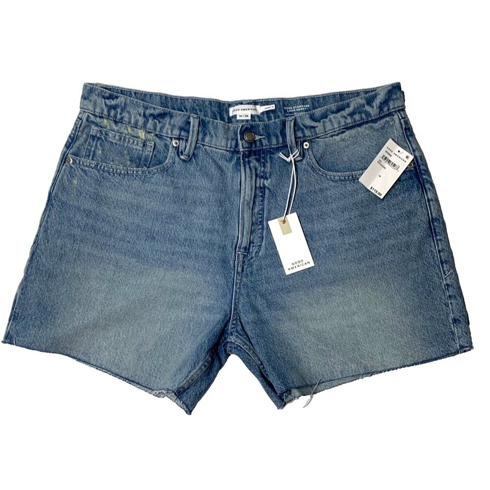 Good American Good Standard Long Denim Shorts 14 NWT Mid Rise Relaxed Cutoff